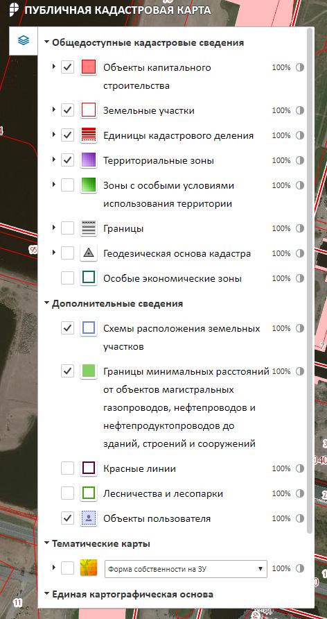 Панель слоев Публичной кадастровой карты
